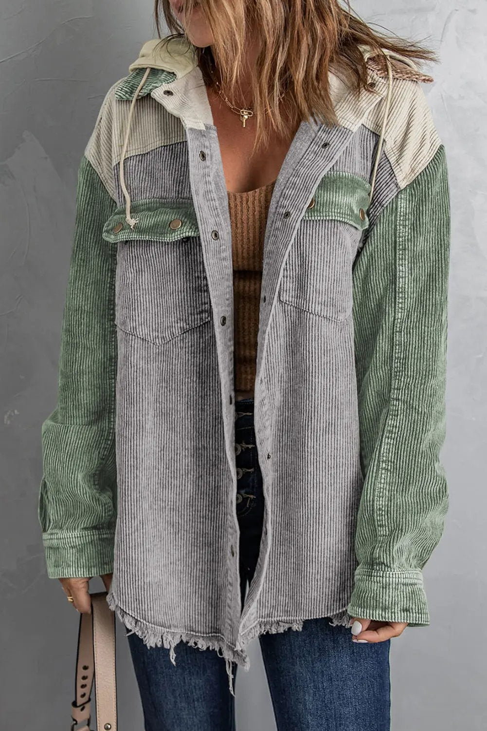 Snap Front Hooded Corduroy Shacket by Partner Label