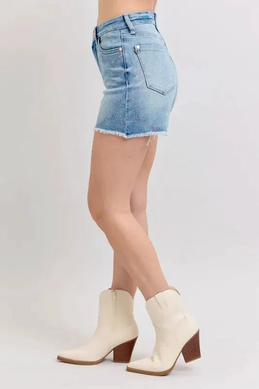 Judy Blue Full Size High Waist Western Embroidery Detail Cut Off Denim Shorts Plus Size by Judy Blue