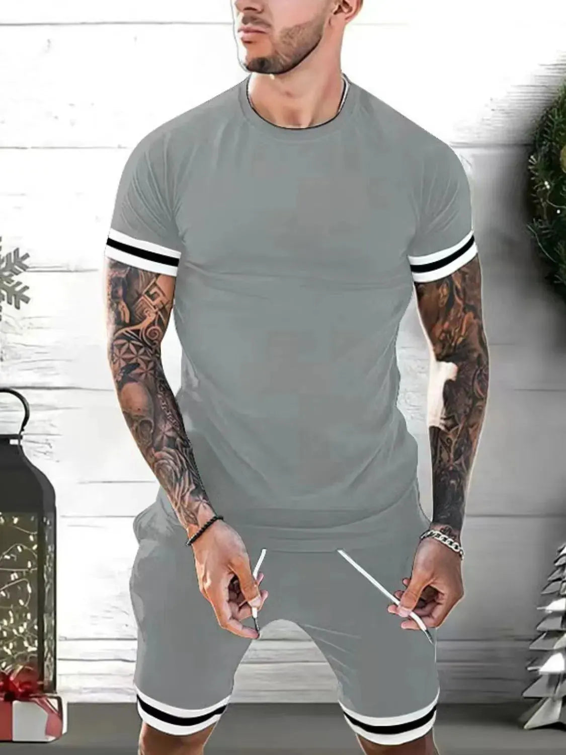 Men's Plus Size Round Neck Short Sleeve Top and Shorts Set by Trendsi