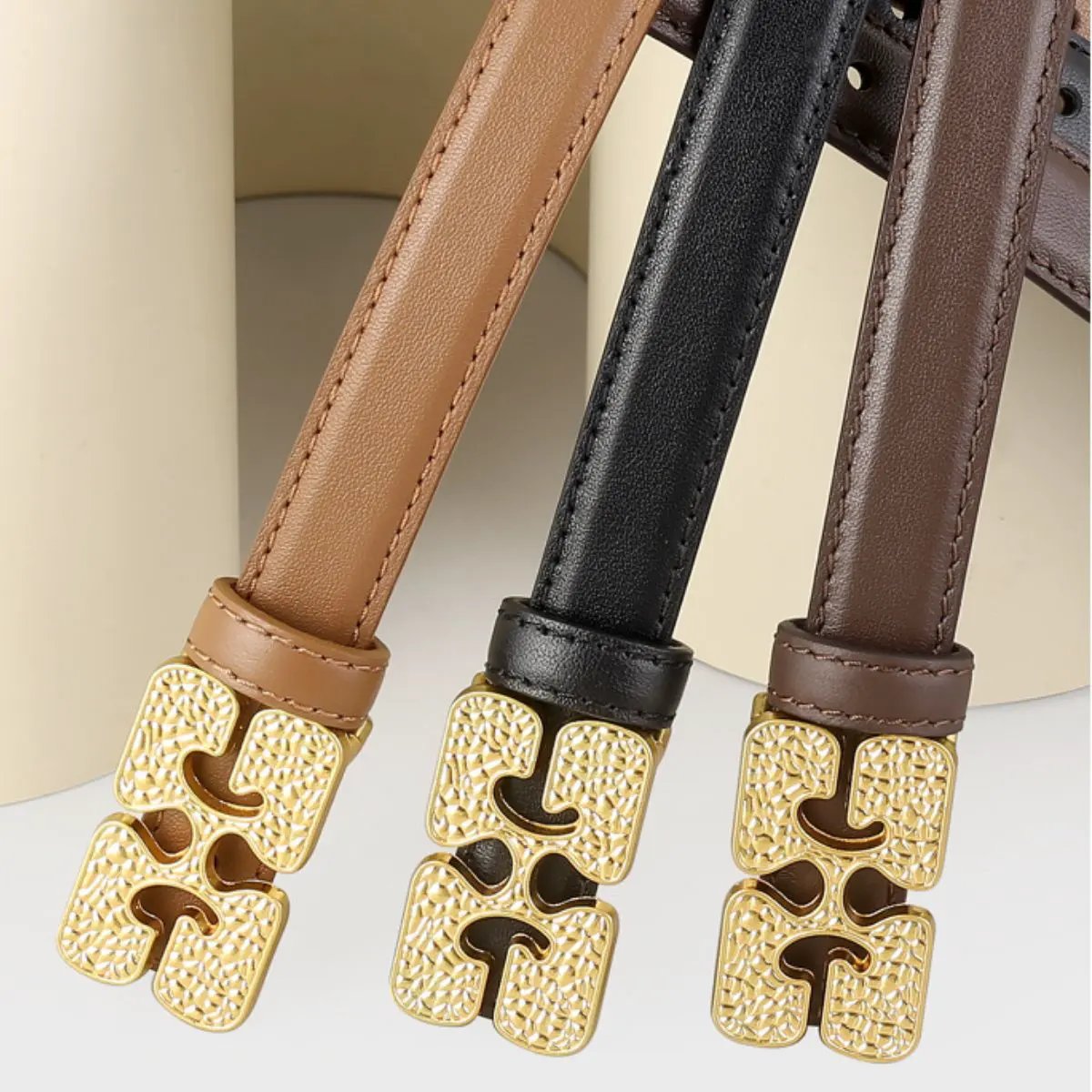 Gold Buckle Leather Belt by Trendsi