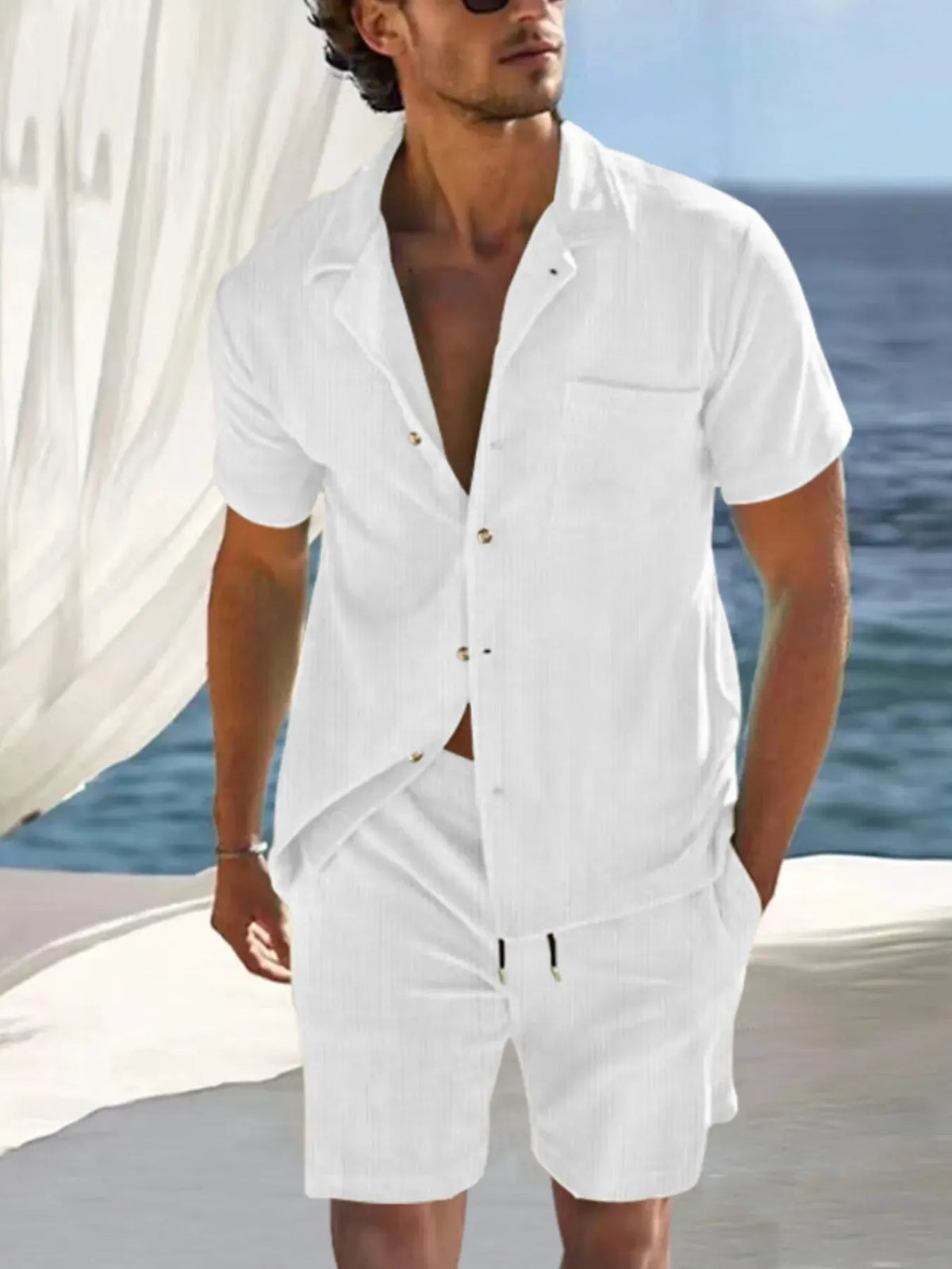 Men's Full Size Button Detail Short Sleeve Top and Shorts Set Plus Size by Trendsi