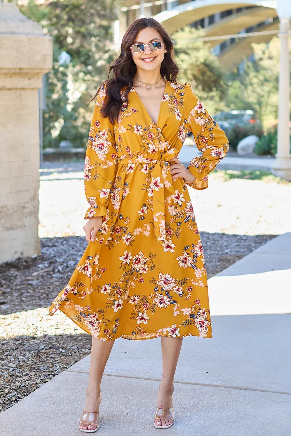 Double Take Full Size Floral Tie Back Flounce Sleeve Dress by Double Take