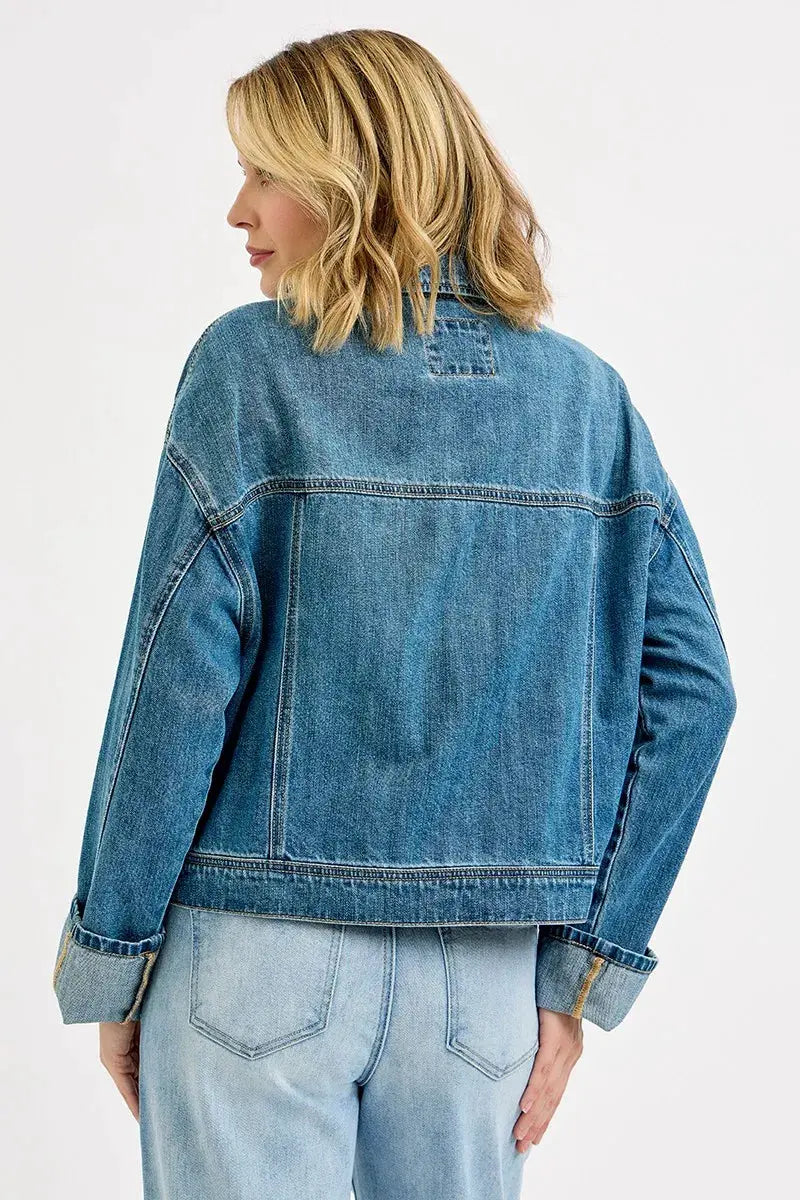 RISEN Oversized Cargo Pocket Denim Jacket with Cuffed Sleeves by RISEN