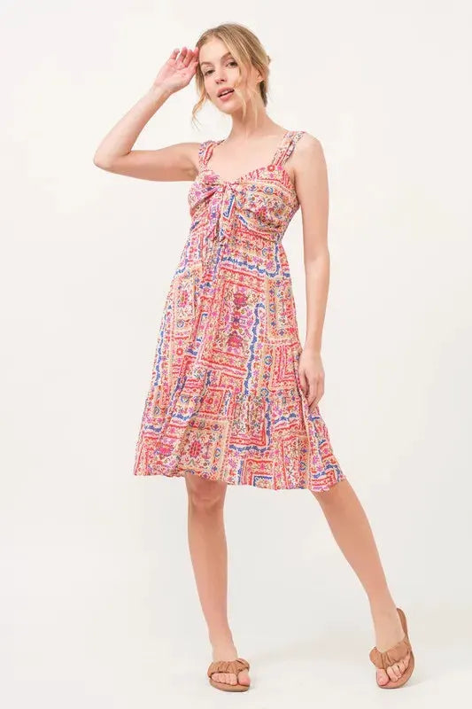 And The Why Tied Front Smocked Back Tiered Boho Printed Dress by And The Why