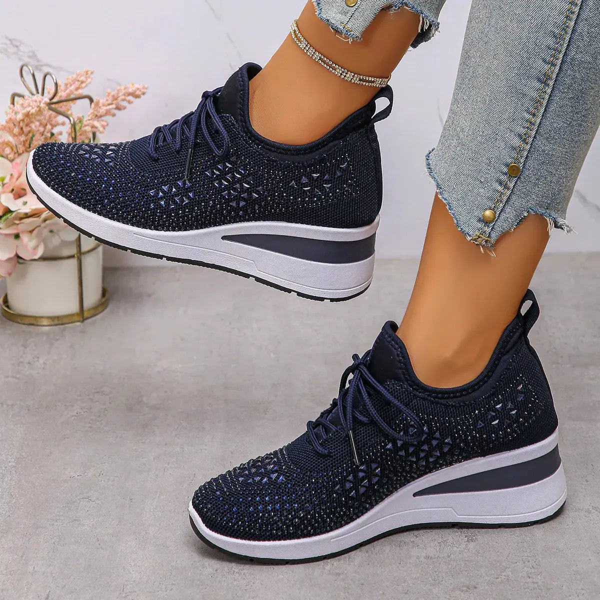 Breathable Mesh Rhinestone Wedge Athletic Sneakers by Partner Label
