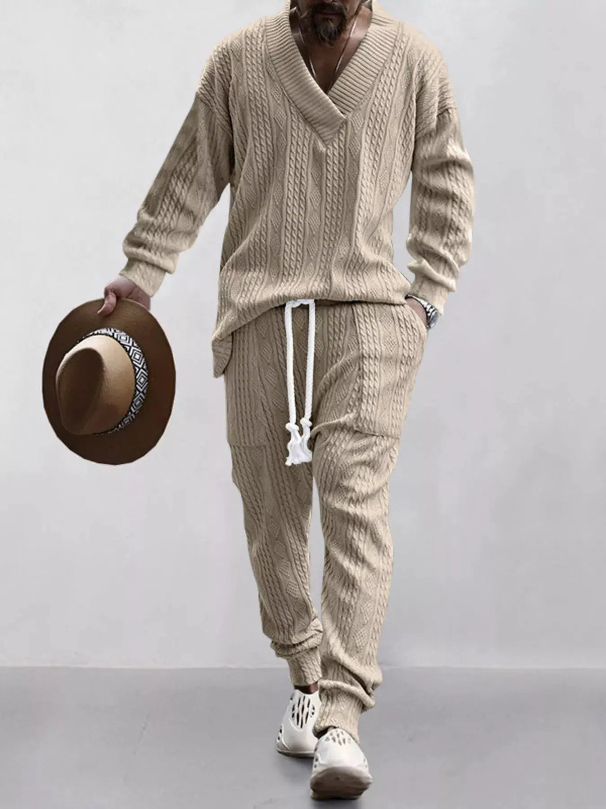 Men's Full Size Texture Knit Dropped Shoulder Top and Pants Set Plus Size by Trendsi