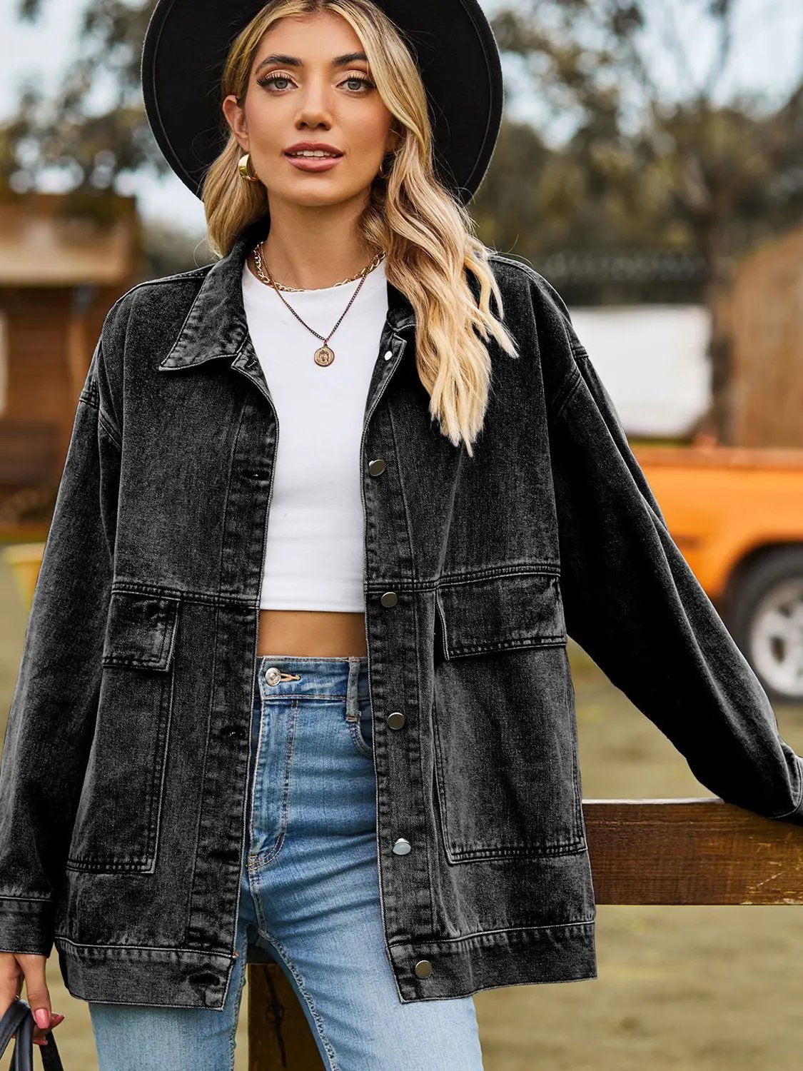 Dropped Shoulder Denim Jacket with Pockets by Partner Label