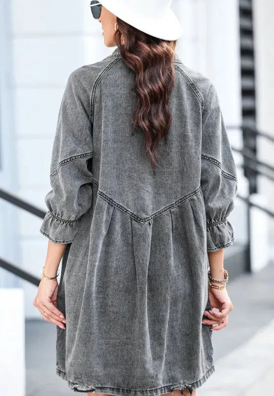 Distressed Collared Neck Flounce Sleeve Denim Dress by Partner Label