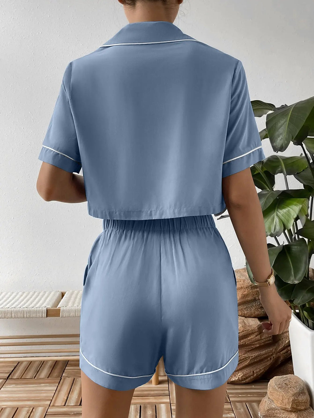 Ivy Lane Contrast Lapel Collar Cropped Shirt and Shorts Lounge Set by Ivy Lane