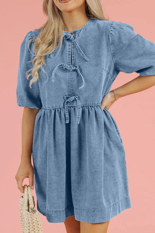 Bowknot Round Neck Half Sleeve Denim Dress by Partner Label