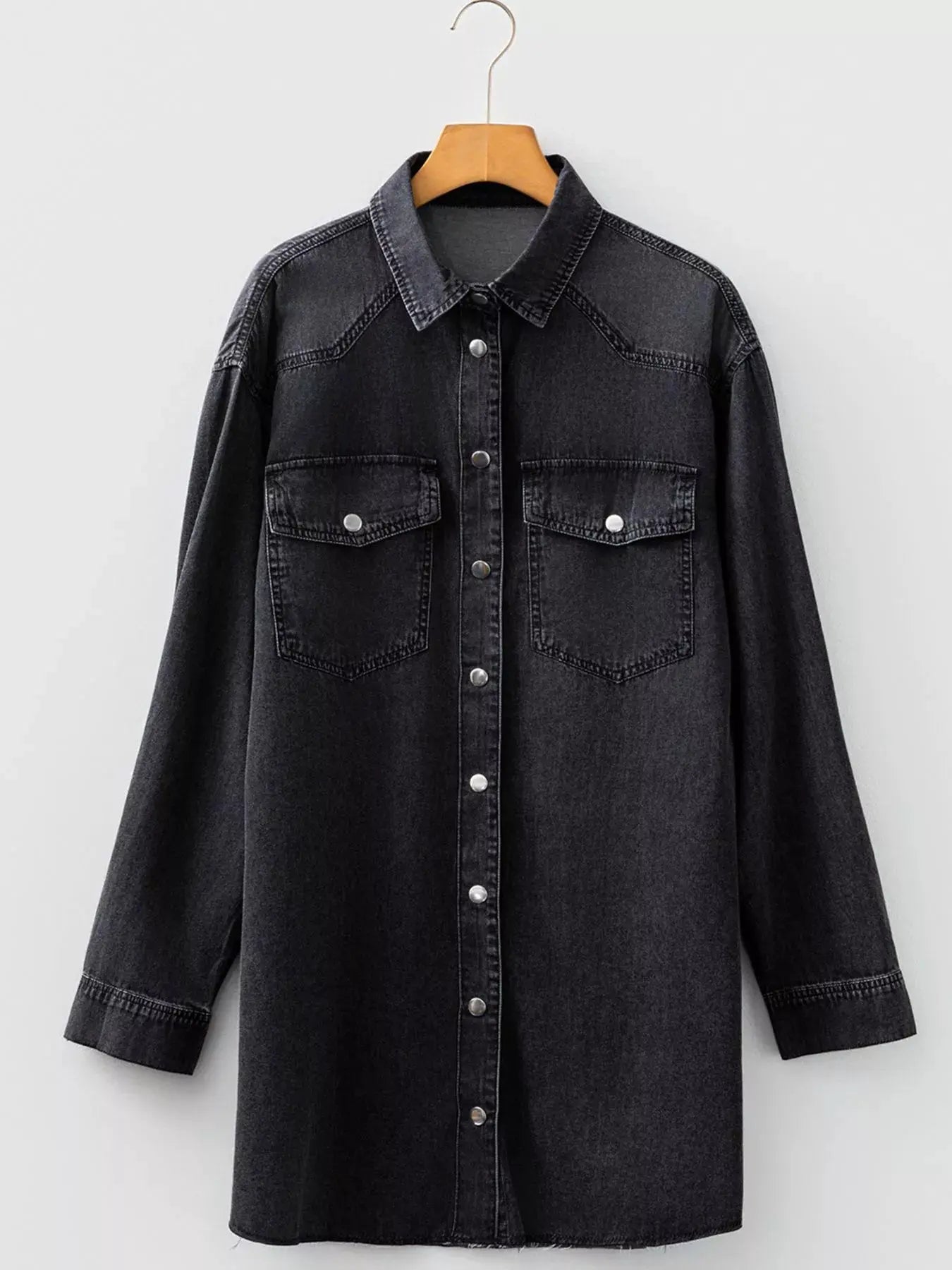 Chest Pocket Raw Hem Denim Loose Shirt Dress by Partner Label
