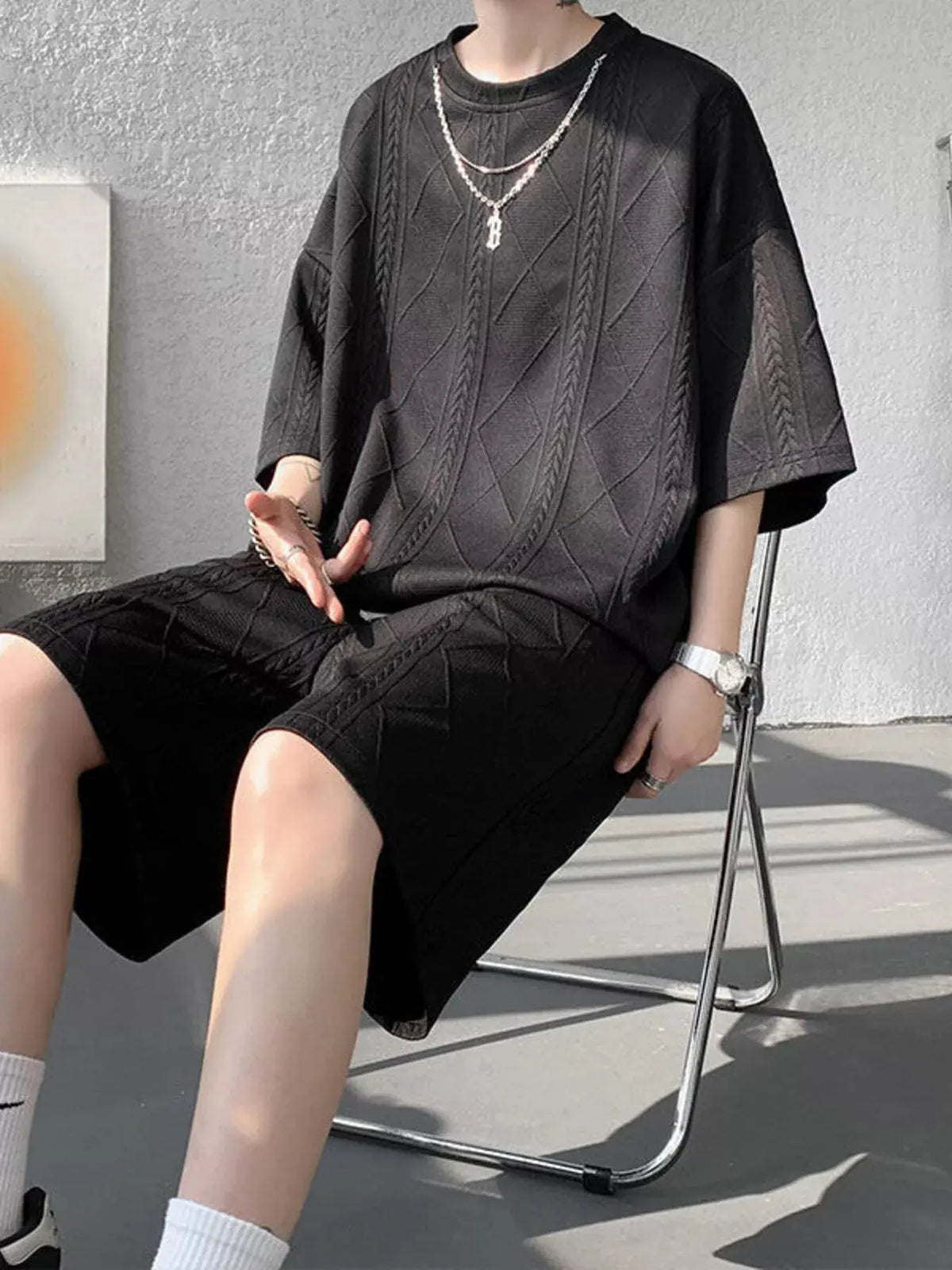 Men's Plus Size Textured Relaxed Fit Top and Shorts Set by Trendsi