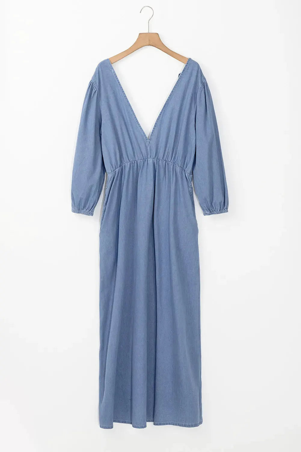 Tied Plunge Three-Quarter Sleeve Denim Dress by Partner Label