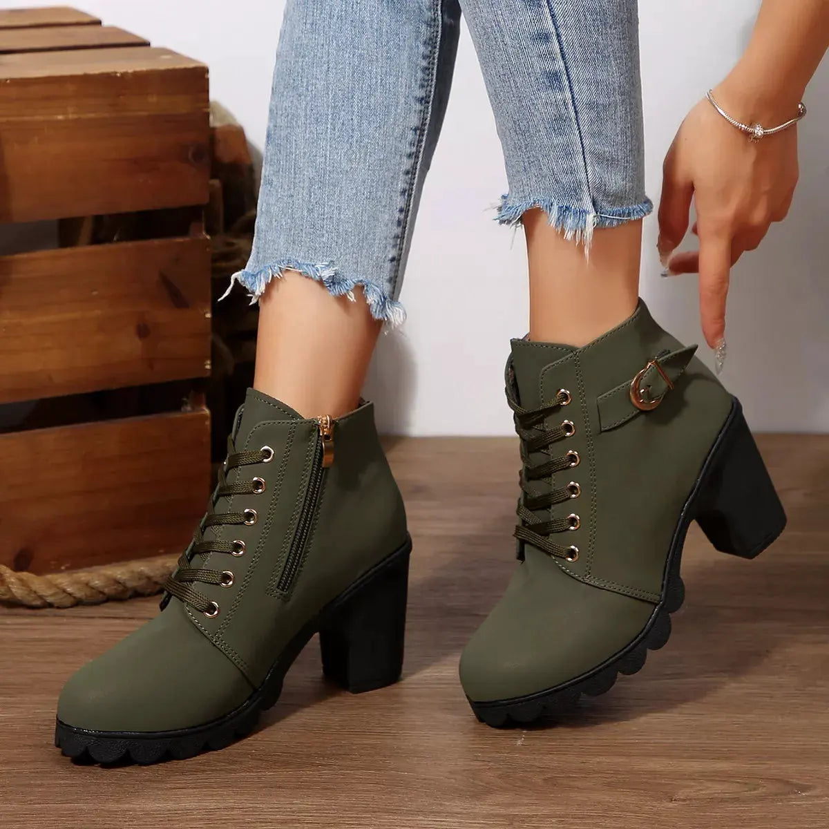 Lace Up Block Heels Boots by Partner Label