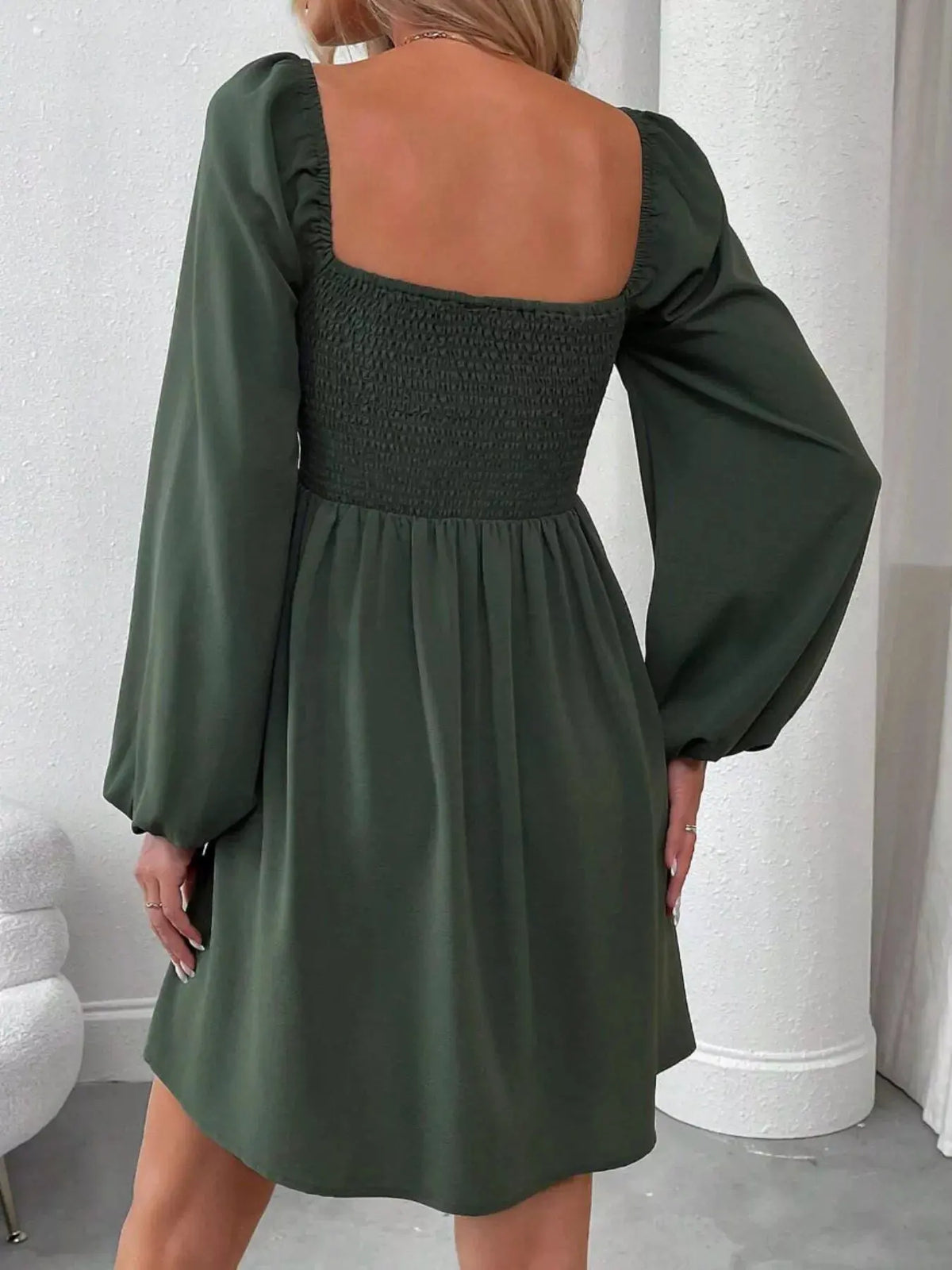 Ruched Square Neck Long Sleeve A-Line Dress by Partner Label