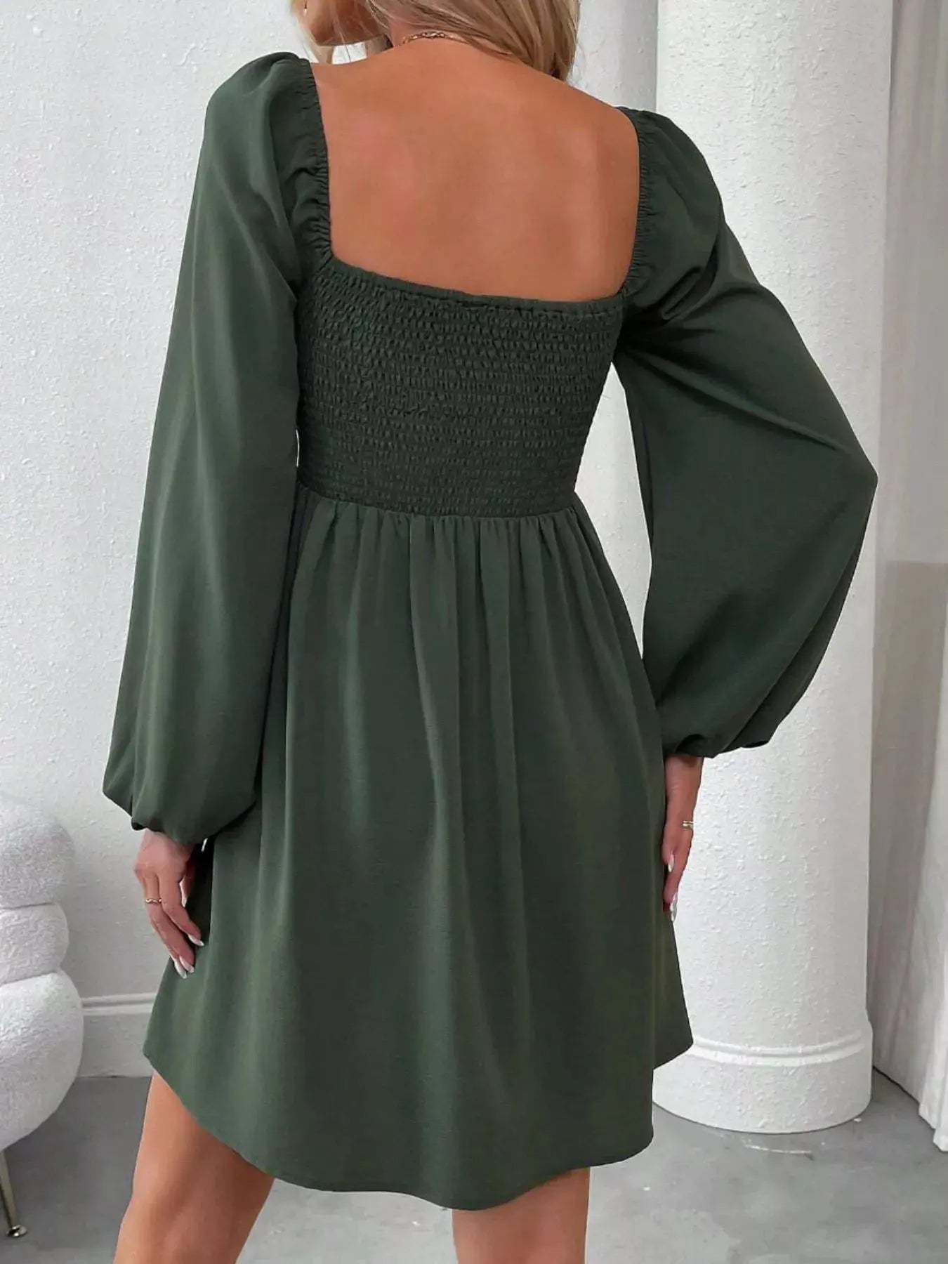 Ruched Square Neck Long Sleeve A-Line Dress by Partner Label