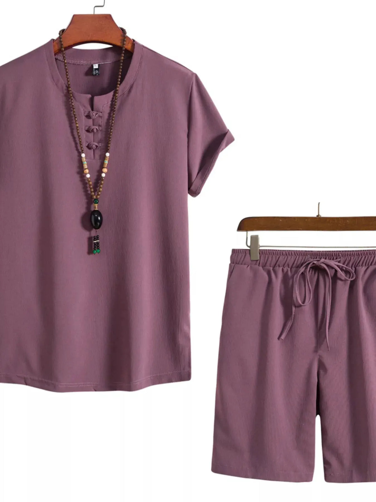 Men's Plus Size Mandarin Collar Short Sleeve Shirt and Shorts Set by Trendsi