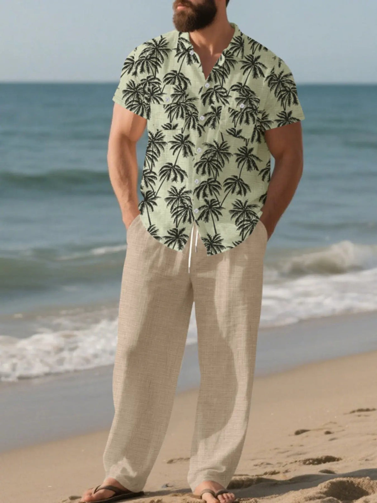 Men's Full Size Tropical Palm Print Button Up Shirt and Pants Set Plus Size by Trendsi