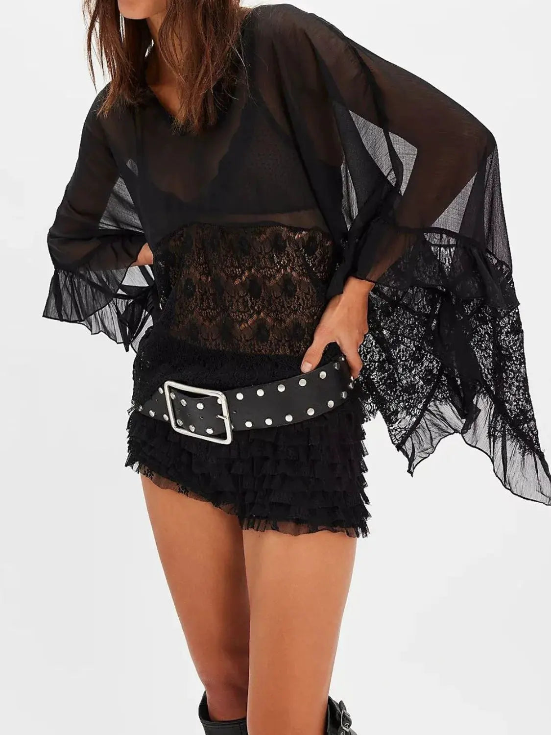 Lace V-Neck Ruffle Long Sleeve Cover-Up by Partner Labels