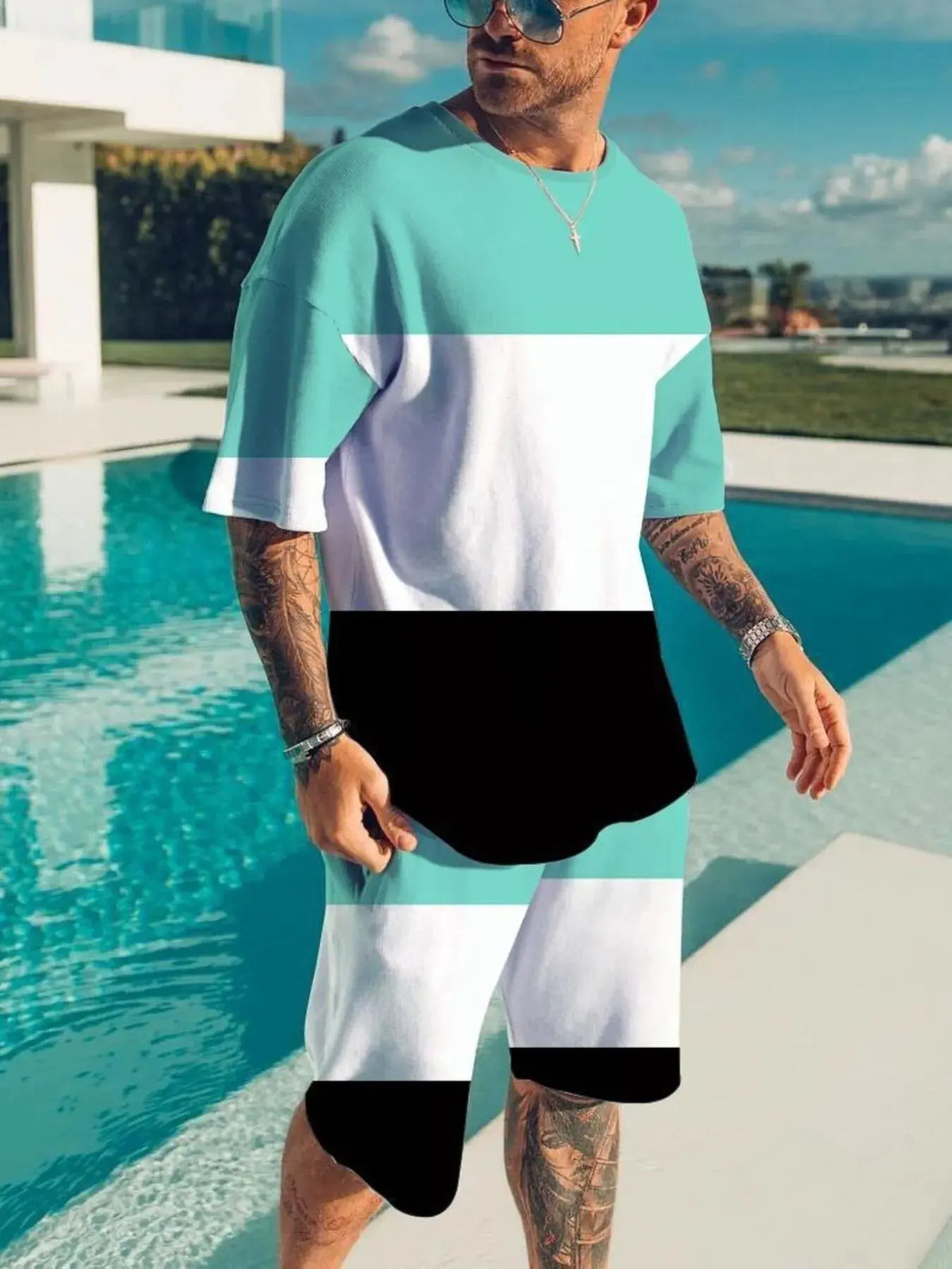 Men's Full Size Color Block Tee and Shorts Set Plus Size by Trendsi