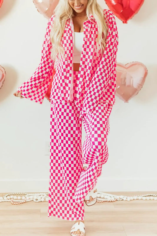 Checkerboard Print Long Sleeve Top and Pants Set by Partner Label