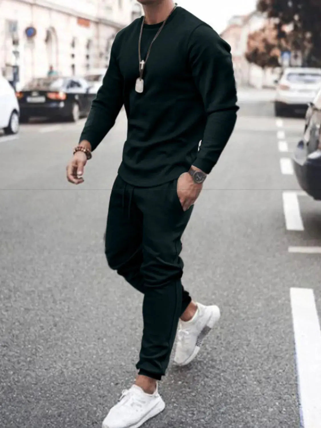 Men's Full Size Round Neck Long Sleeve Top and Pants Set Plus Size by Trendsi