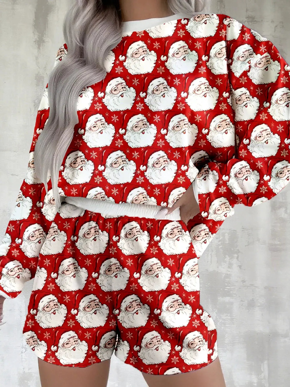 Christmas Santa Print Round Neck Top and Shorts Lounge Set by Partner Label