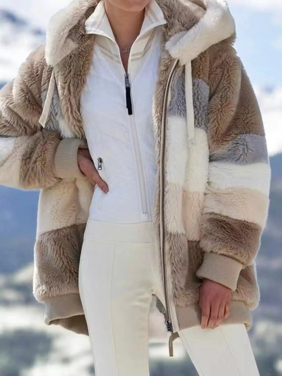 Full Size Fuzzy Zip Up Hooded Outerwear Plus Size | Partner Labels Selection by Partner Label