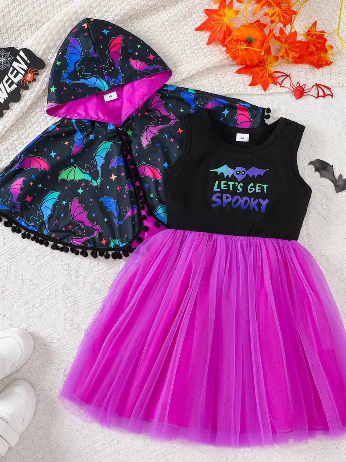Children's Halloween Bat Print Hooded Cape and Tulle Dress Set by Trendsi