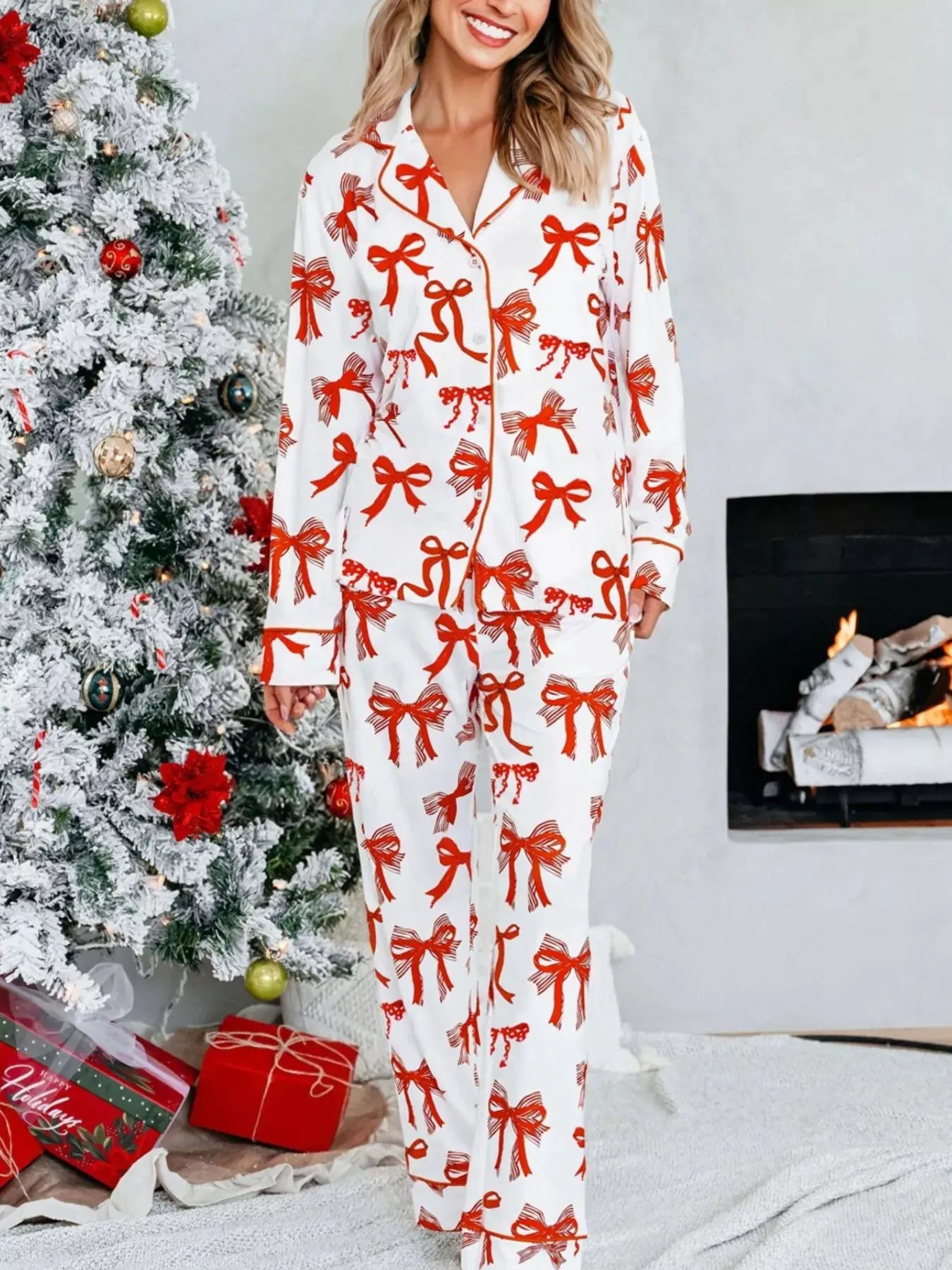 Christmas Bow Print Top and Pants 2pcs Pajama Set by Partner Label