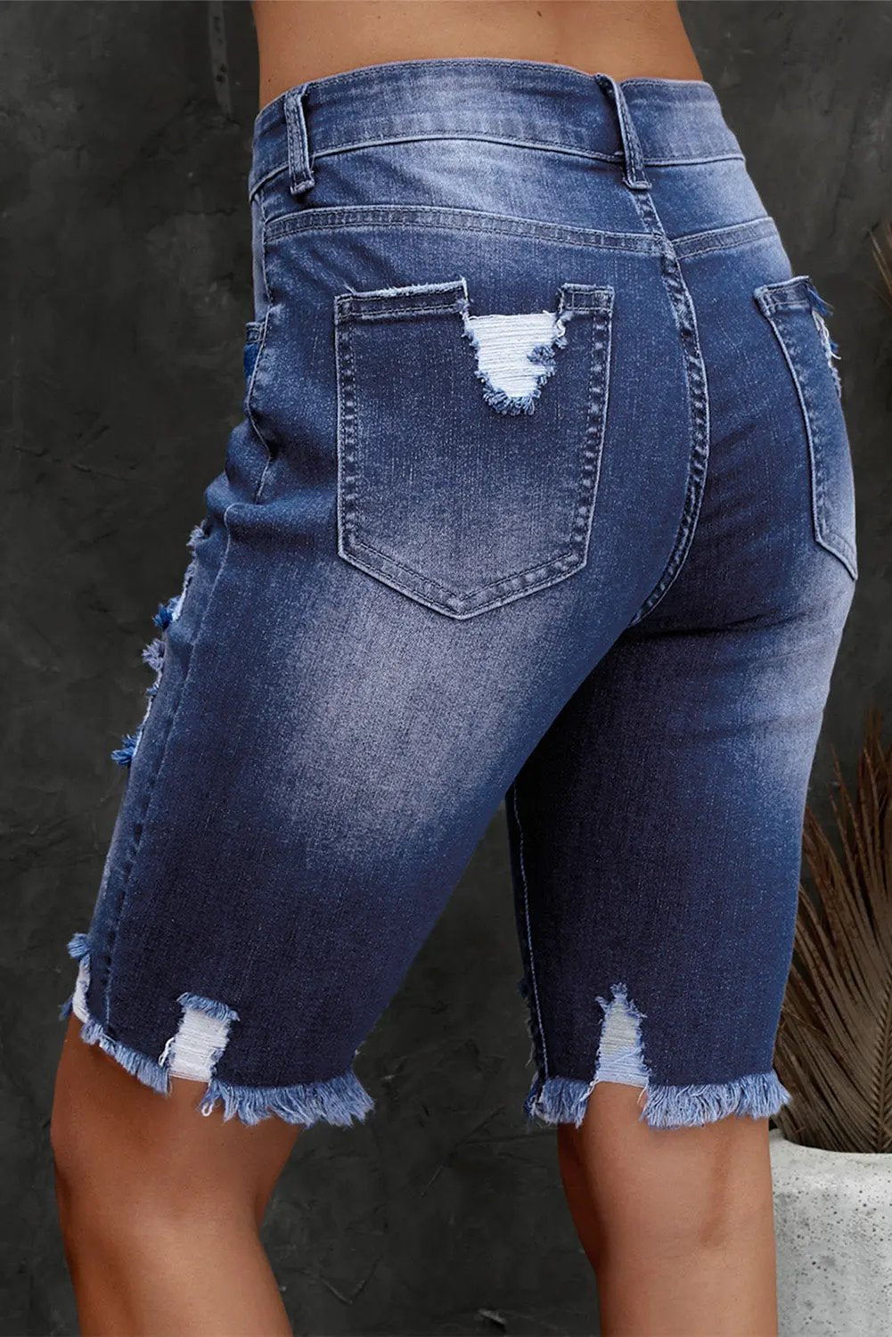 Distressed Frayed Hem Denim Bermuda Shorts by Partner Label