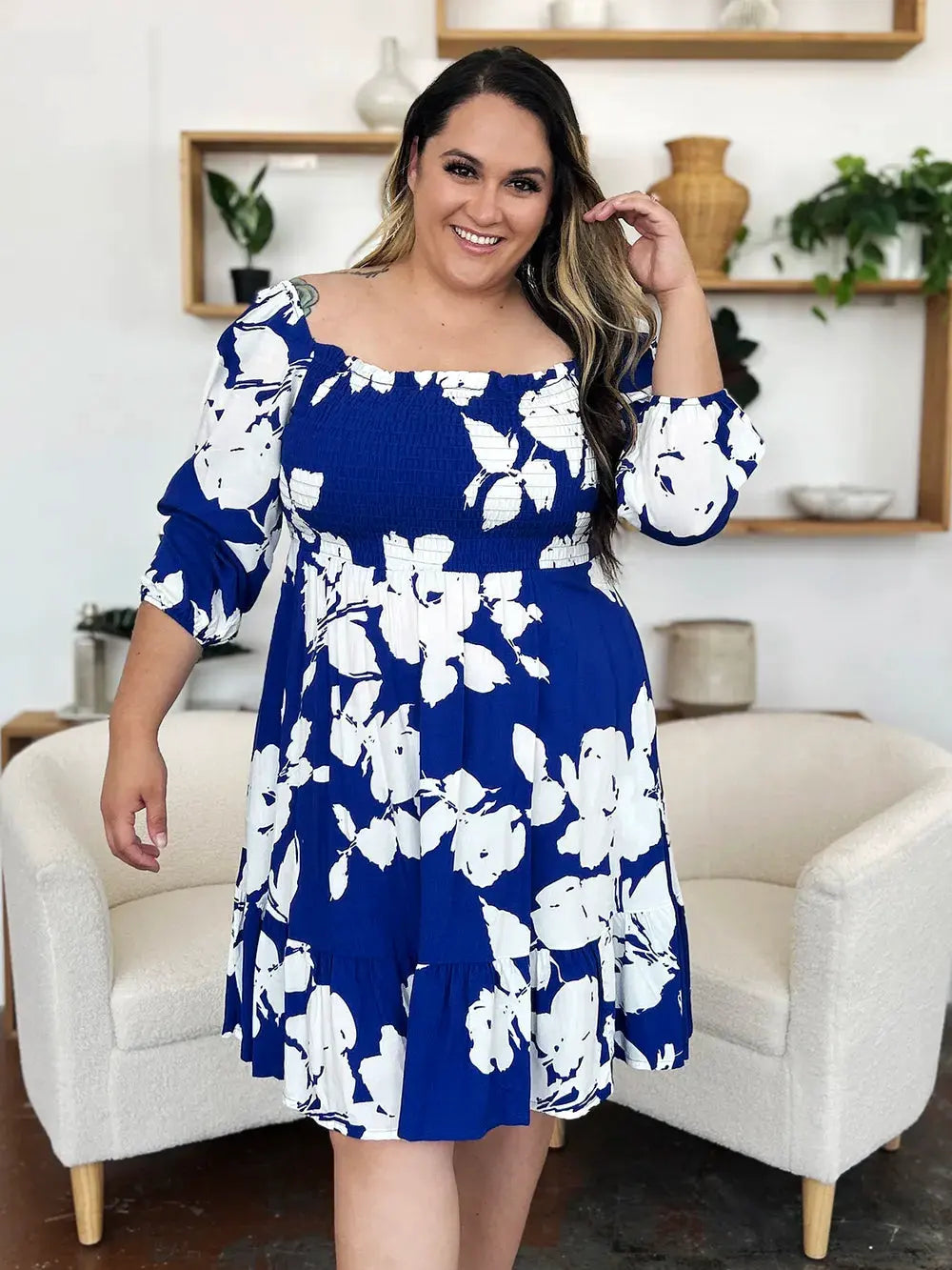 Double Take Full Size Floral Ruffle Hem Smocked Dress with Pockets by Double Take