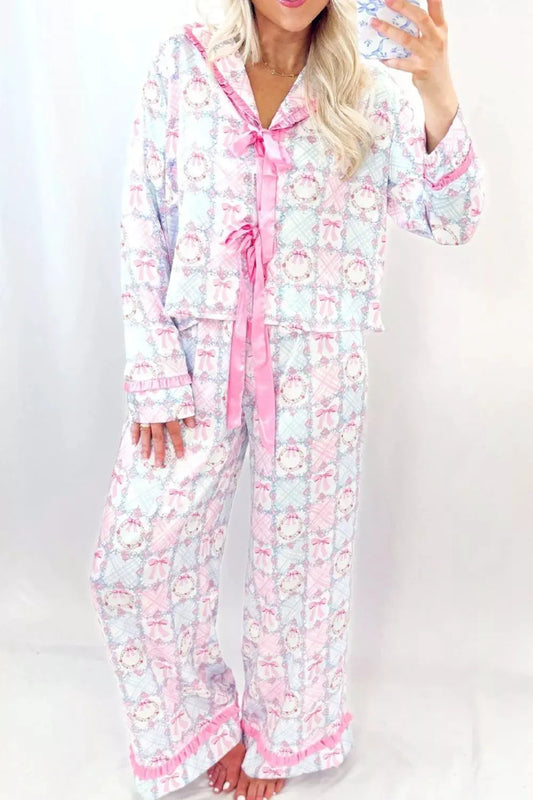 Wreath Pattern Christmas Tied Front Long Sleeve 2pcs Pajama Set by Partner Label