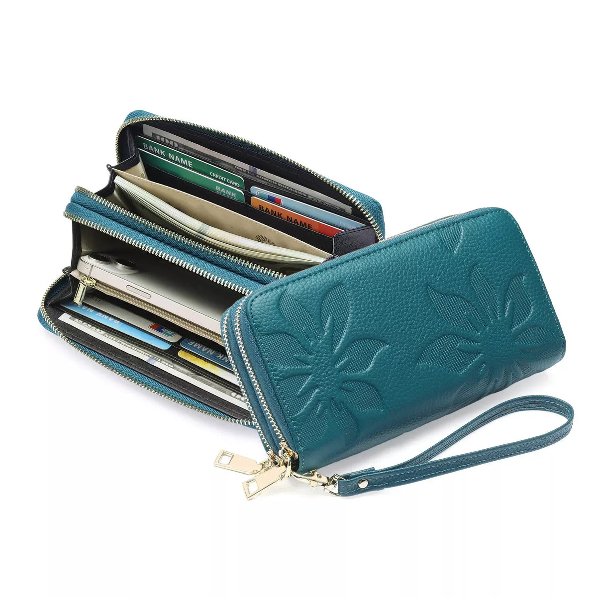 Floral Embossed Leather Zipper Wallet by Partner Label