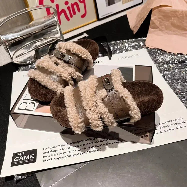 Fuzzy Buckle Accent Plush Slippers by Partnel Label