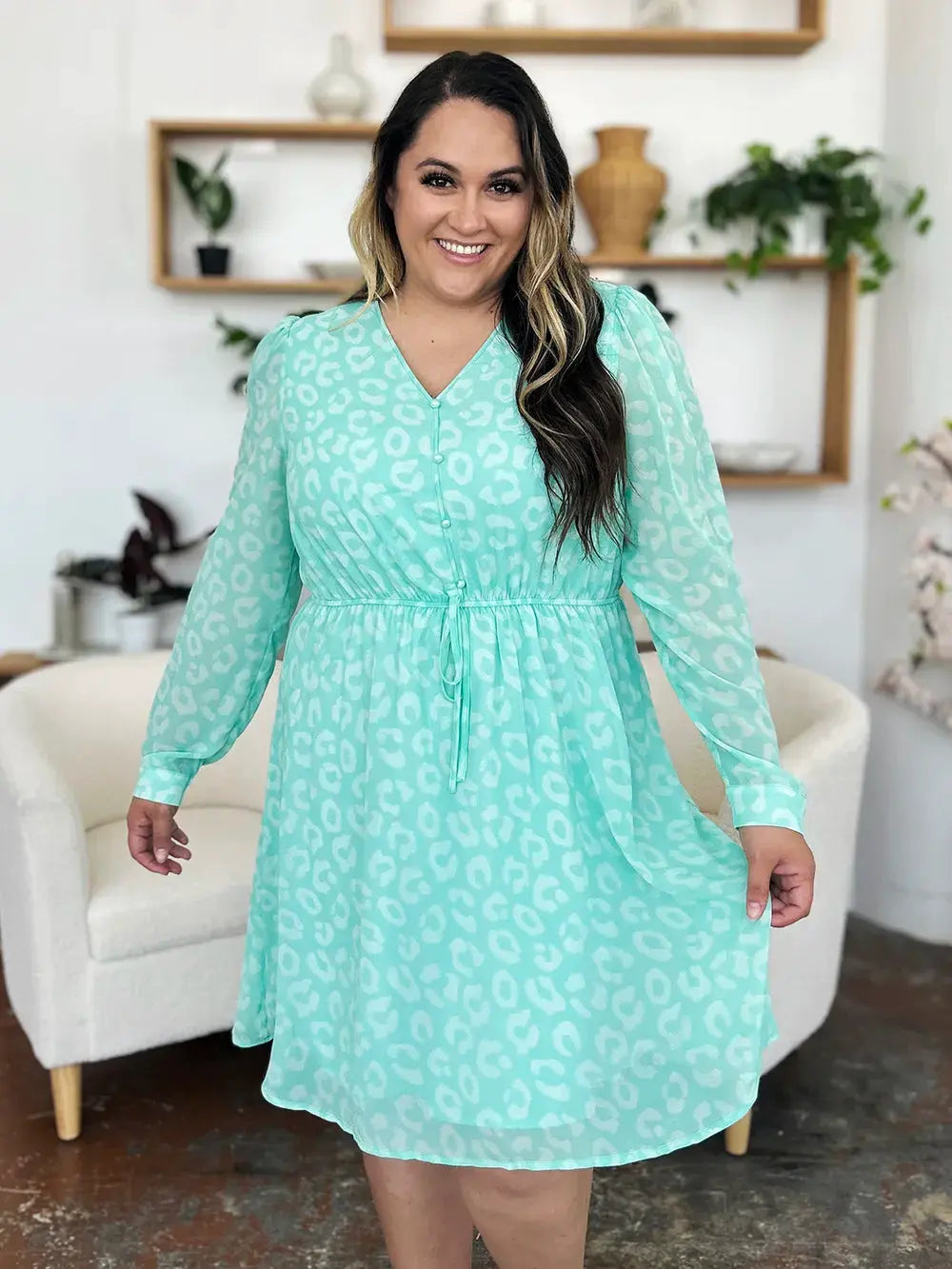 Double Take Full Size Printed Ruched V-Neck Long Sleeve Dress by Double Take