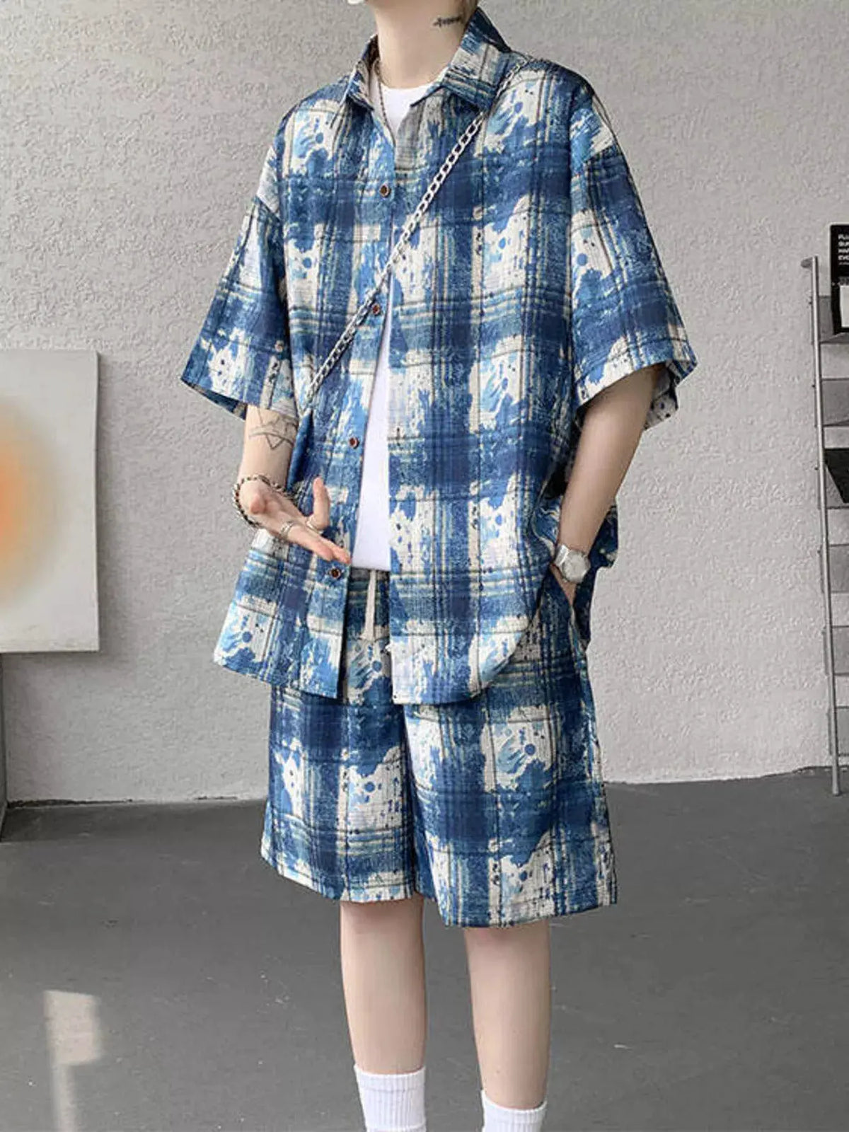 Men's Plus Size Casual Plaid Print Shirt & Shorts Set by Trendsi