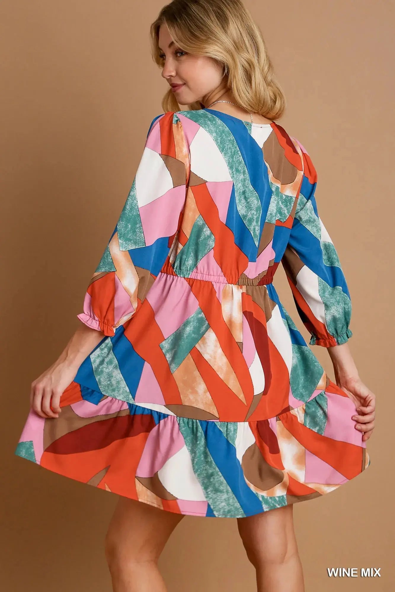 Umgee Abstract V-Neck Tiered Printed Dress by Umgee