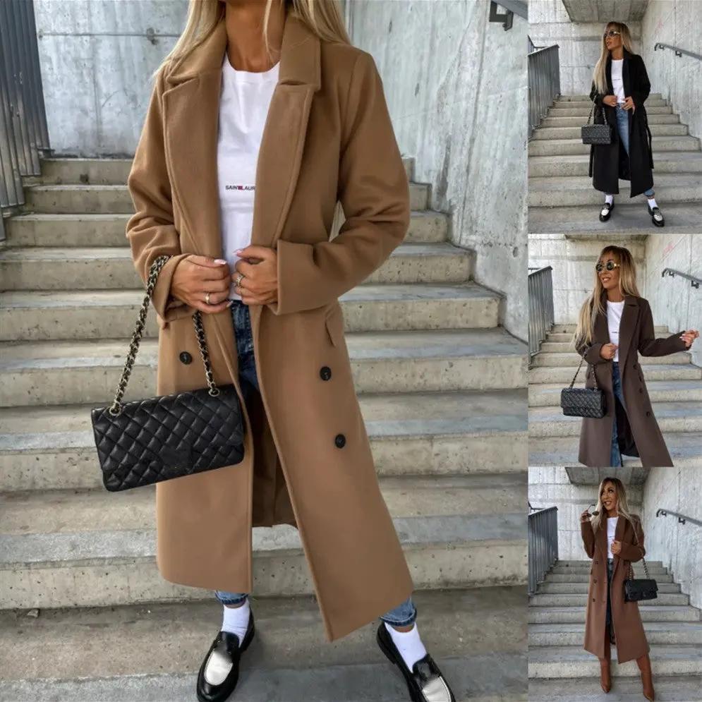 Double-breasted Lapel Split Jacket With Belt Winter Fashion Casual Long Sleeve Button Daily Coats For Women Clothing by Maiden-Art