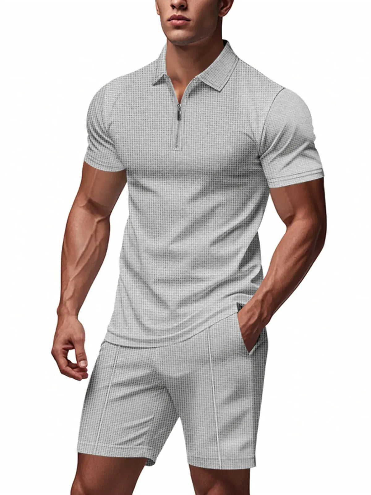 Men's Plus Size Quarter Zip Short Sleeve Top and Shorts Set by Trendsi