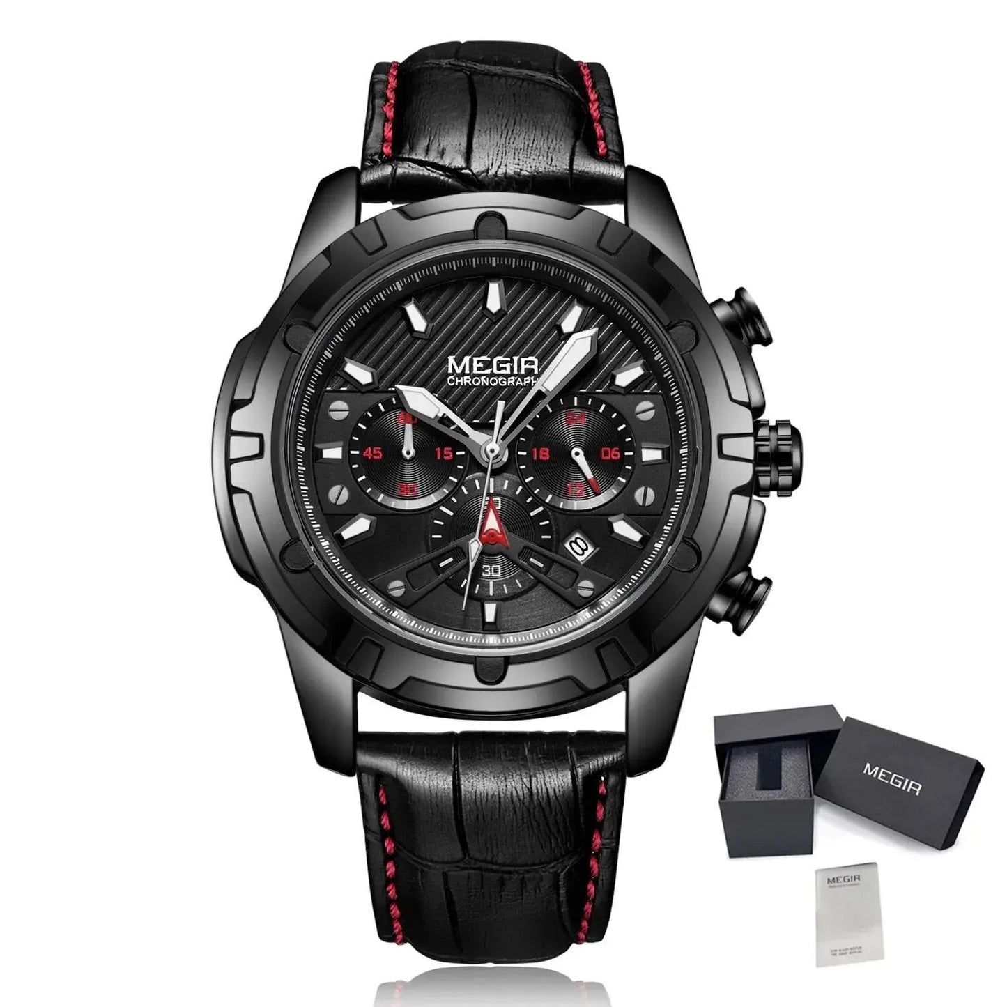 MEGIR Luxury Men Sport Watches Leather Military Quartz Wristwatch Waterproof Man Chronograph Clock 24 hour Montre Homme 2102 by MEGIR WATCH GROUP