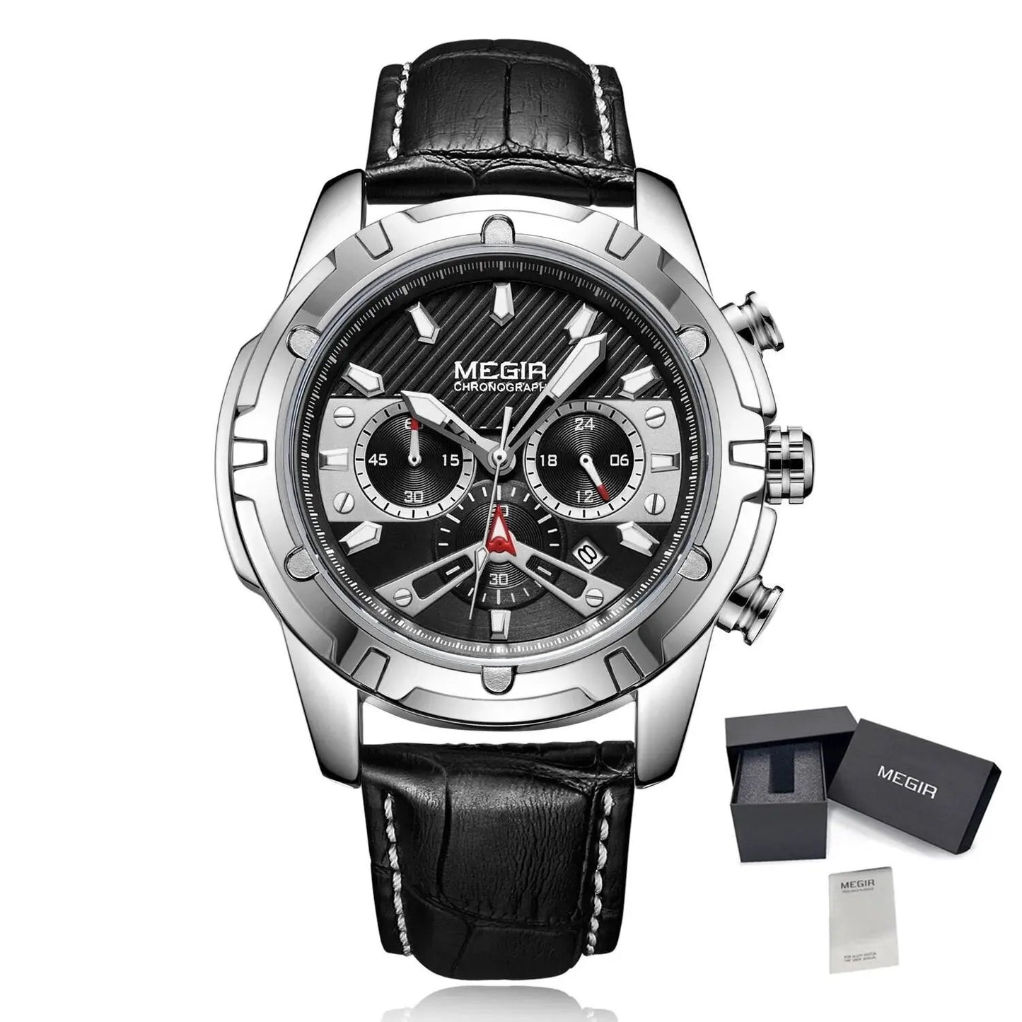 MEGIR Luxury Men Sport Watches Leather Military Quartz Wristwatch Waterproof Man Chronograph Clock 24 hour Montre Homme 2102 by MEGIR WATCH GROUP