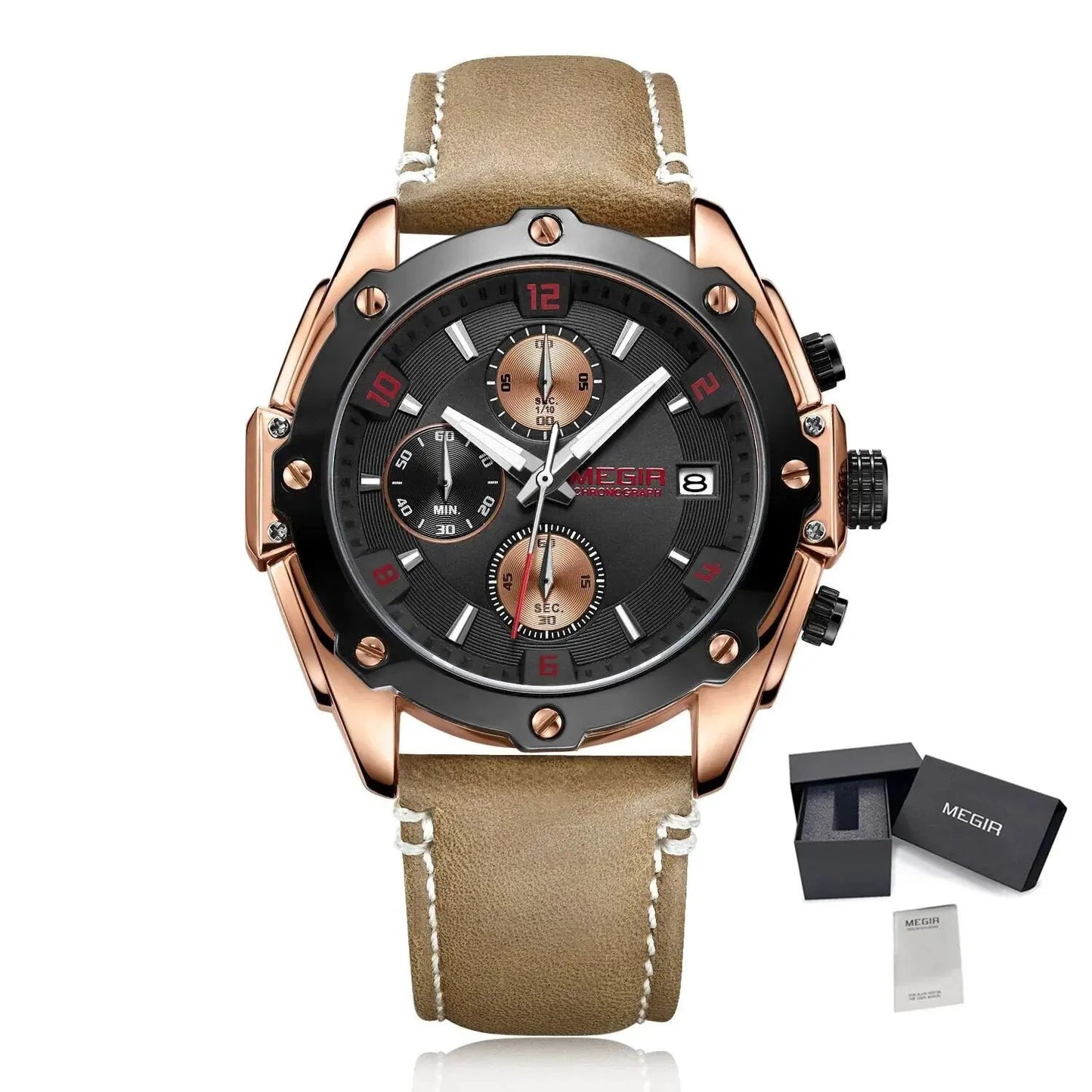 MEGIR Chronograph Men Business Watch Leather Strap Quartz Military Watch Clock Waterproof Date Clock Wristwatch Relogio Masculino 2074 by MEGIR WATCH GROUP