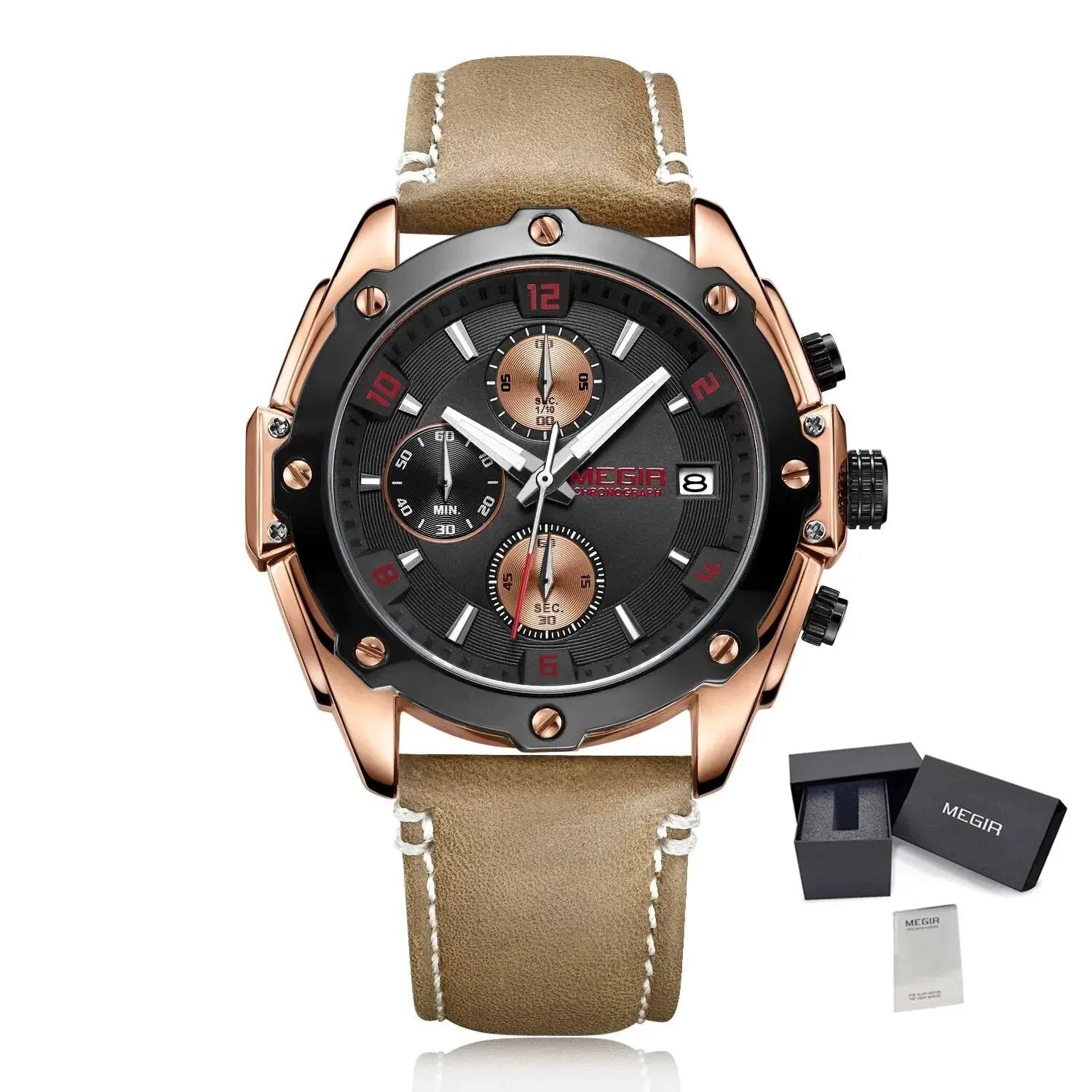 MEGIR Chronograph Men Business Watch Leather Strap Quartz Military Watch Clock Waterproof Date Clock Wristwatch Relogio Masculino 2074 by MEGIR WATCH GROUP