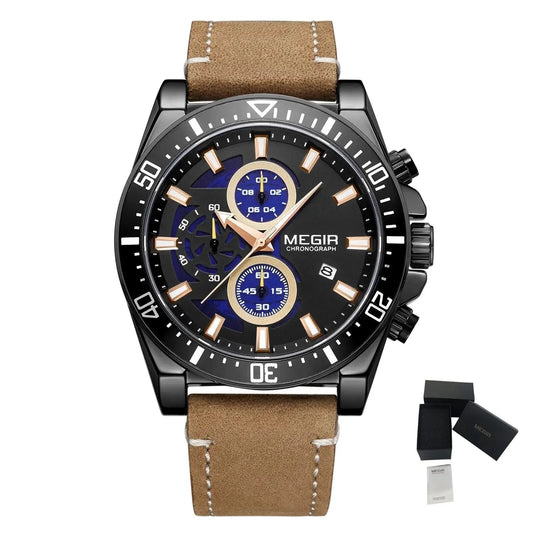 MEGIR Fashion Watches for Men Leather Strap Sport Military Wristwatch Man Quartz Watch Waterproof Chronograph with Calendar 2132 by MEGIR WATCH GROUP