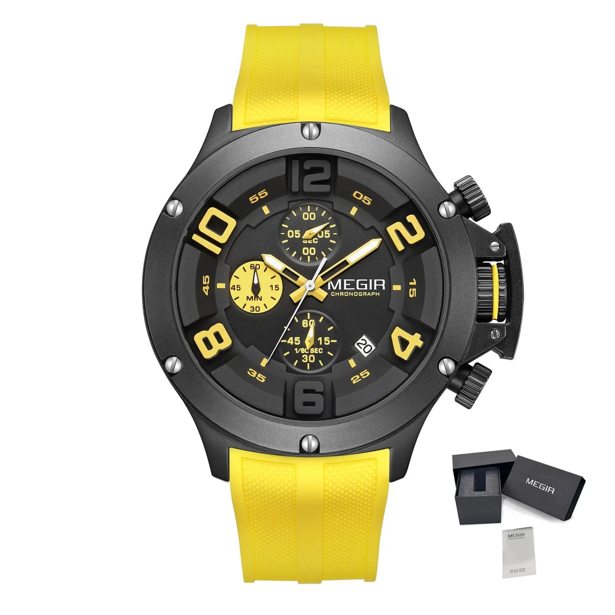 MEGIR Relogio Masculino Luxury Quartz Watch for Men Yellow Silicone Strap Military Sport WristWatch Chronograph with Auto Date 8115 by MEGIR WATCH GROUP