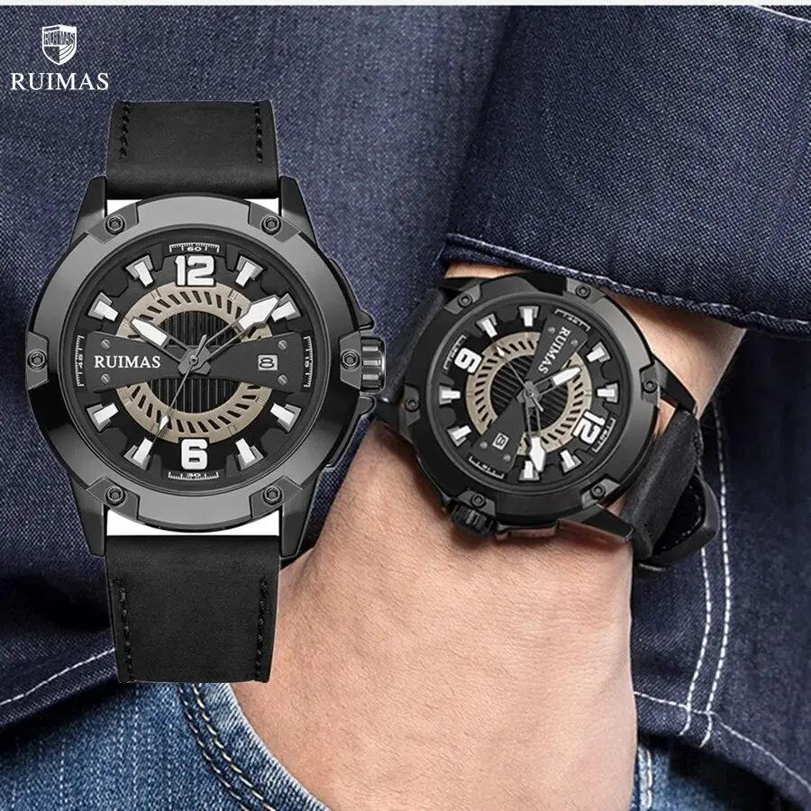RUIMAS Luxury Men Watches Leather Strap Sport Casual Wristwatches Waterproof Luminous Date Clock Big Dial Montre Homme 302 by MEGIR WATCH GROUP
