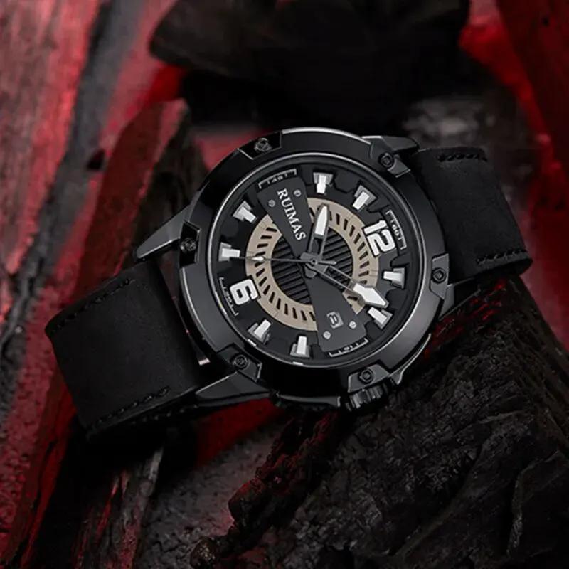 RUIMAS Luxury Men Watches Leather Strap Sport Casual Wristwatches Waterproof Luminous Date Clock Big Dial Montre Homme 302 by MEGIR WATCH GROUP