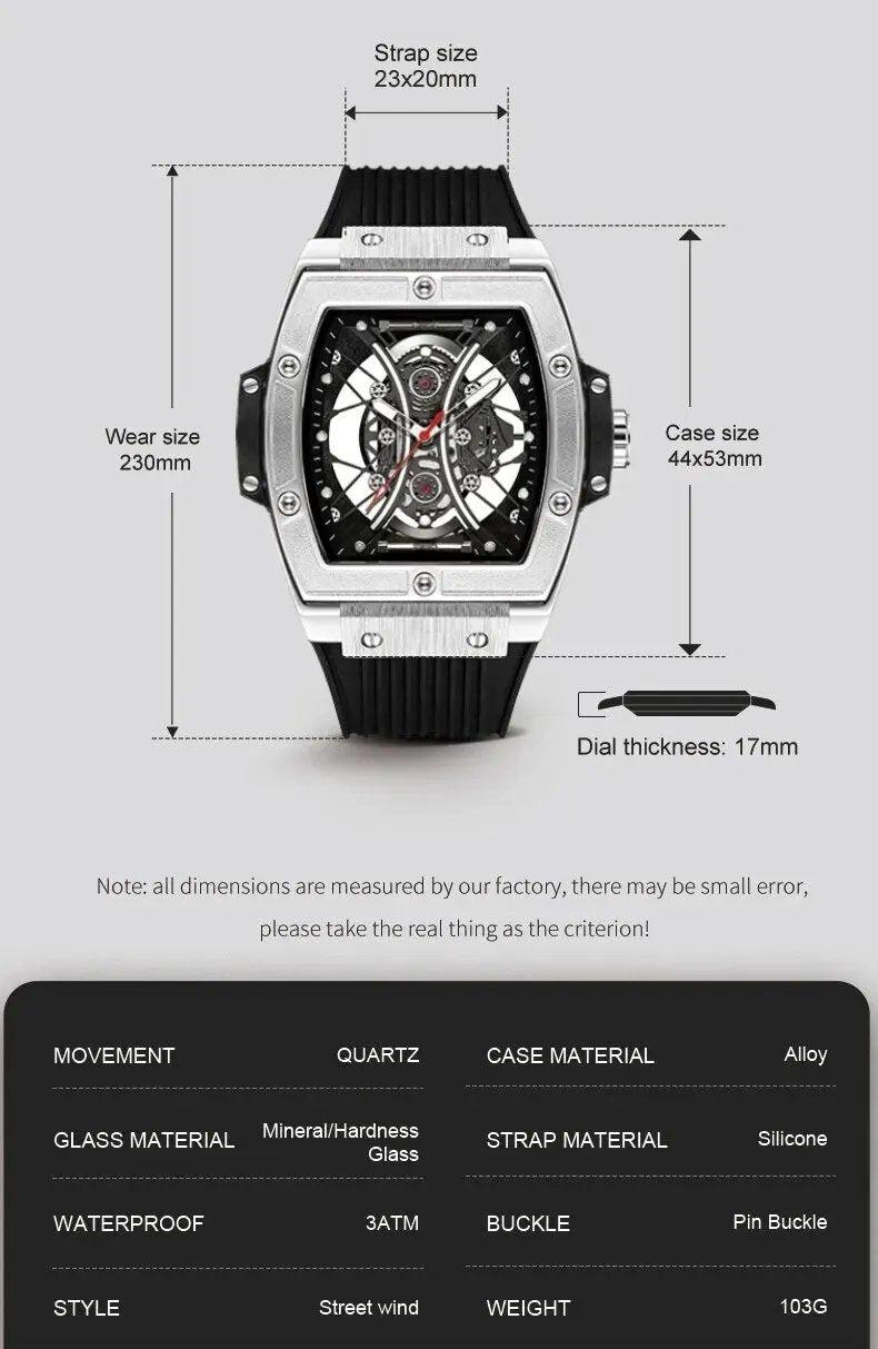 RUIMAS Quartz Sport Watches for Man Hollow Out Fashion Men Wristwatch 3ATM Waterproof Silicone Strap Clock Relogio Masculino 334 by MEGIR WATCH GROUP