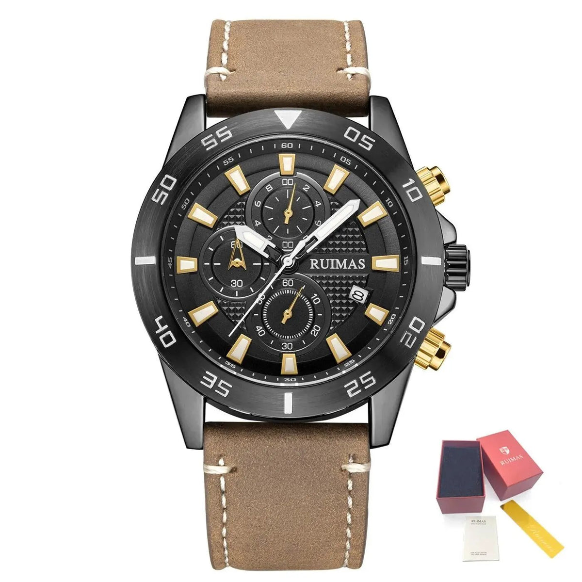 RUIMAS Luxury Brand Mens Watches Quartz Leather Strap Wristwatch Waterproof Clock Sports Large Dial Watch Auto Date Montre Homme 572 by MEGIR WATCH GROUP